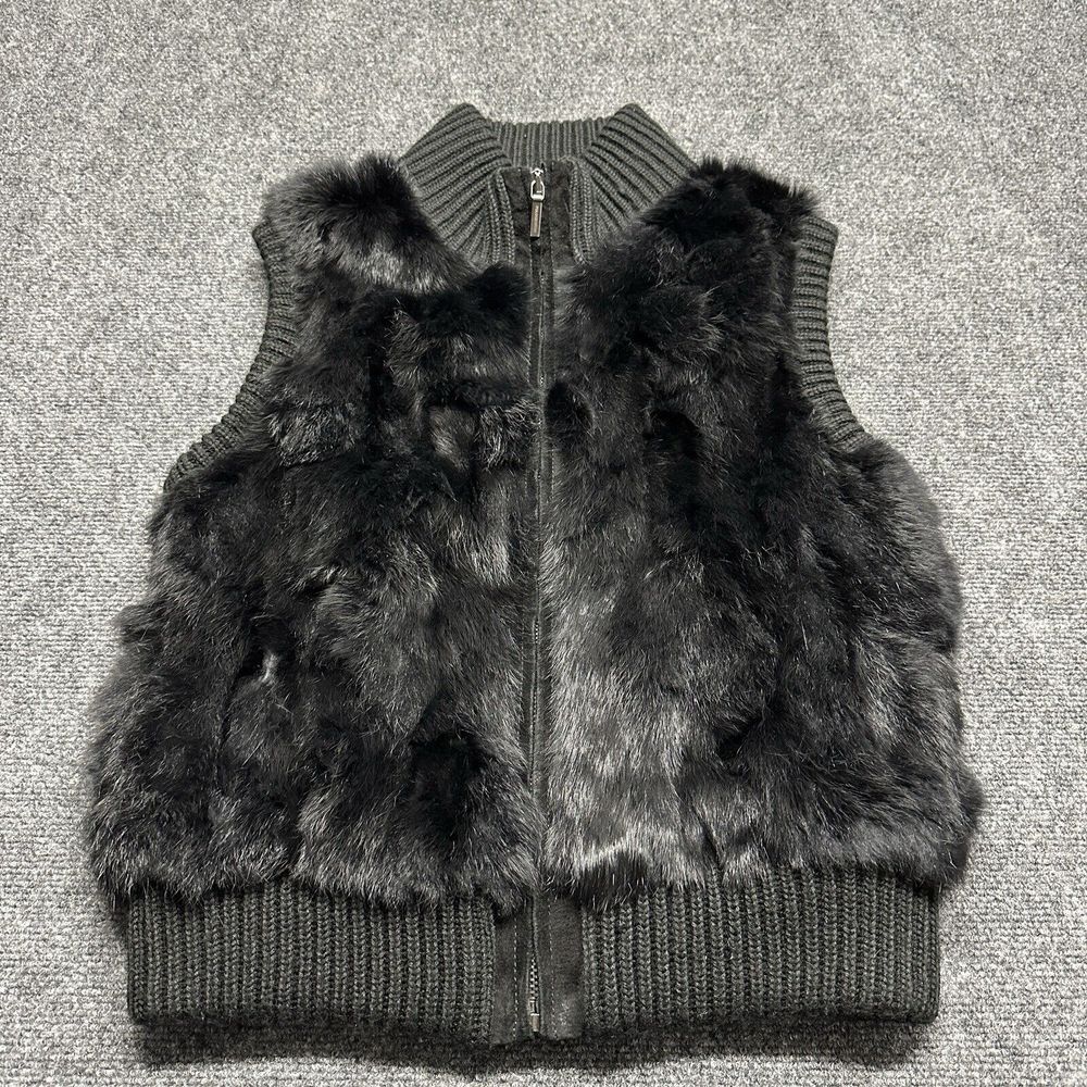 Pologeorgis Vest Womens Medium Black Dyed Real Rabbit Fur‎ Full Zip Soft Winter